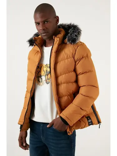 Slim Fit Faux Fur Detachable Hooded Padded Coat Men's Coat 5761080 B-Yellow - 1