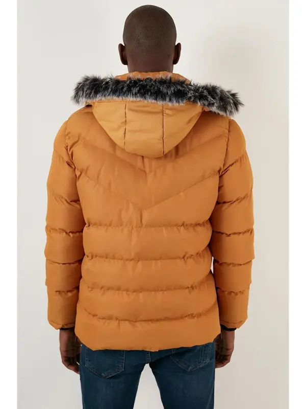 Slim Fit Faux Fur Detachable Hooded Padded Coat Men's Coat 5761080 B-Yellow - 5