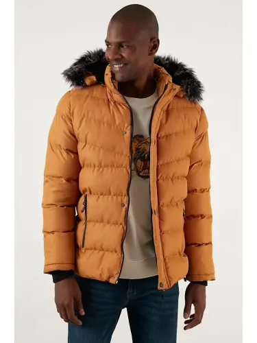 Slim Fit Faux Fur Detachable Hooded Padded Coat Men's Coat 5761080 B-Yellow - 2