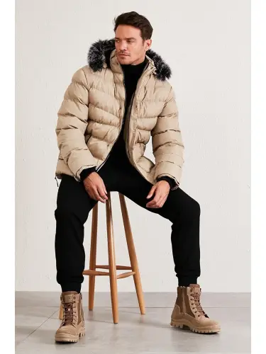 Slim Fit Faux Fur Detachable Hooded Padded Jacket Men's Coat 5761080 B-Beige - 2
