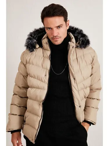 Slim Fit Faux Fur Detachable Hooded Padded Jacket Men's Coat 5761080 B-Beige - 3