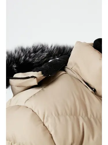 Slim Fit Faux Fur Detachable Hooded Padded Jacket Men's Coat 5761080 B-Beige - 5