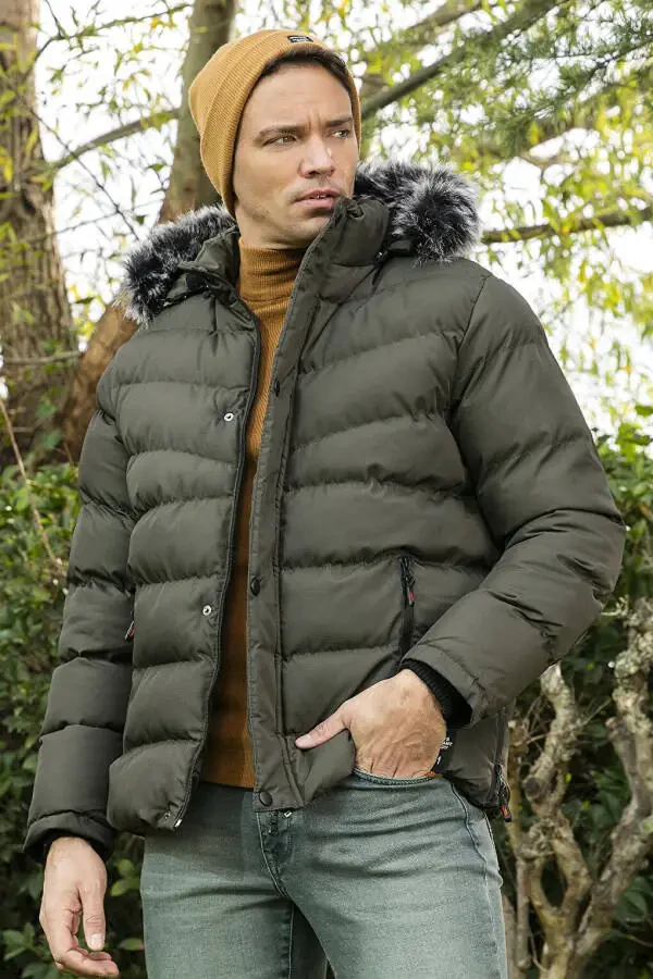 Slim Fit Faux Fur Lined Removable Hooded Puffer Jacket 5761080 B - 34
