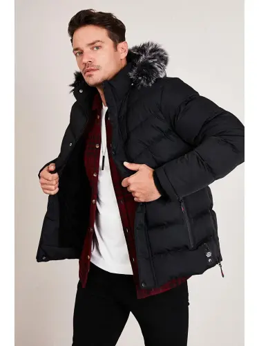 Slim Fit Faux Fur Plush Lined Detachable Hooded Puffer Jacket 5761080 B-Black - LC WAIKIKI (1)