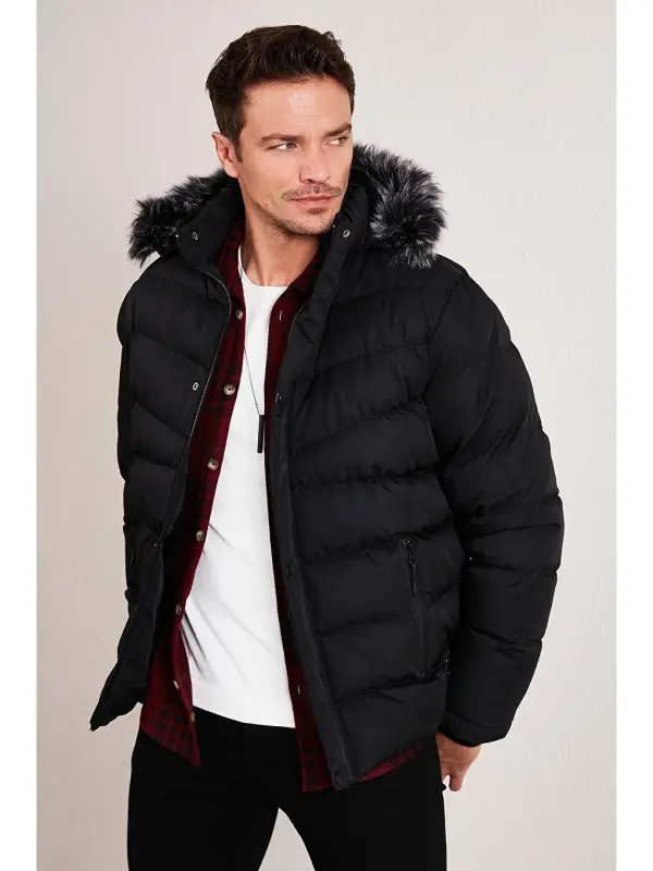 Slim Fit Faux Fur Plush Lined Detachable Hooded Puffer Jacket 5761080 B-Black - LC WAIKIKI