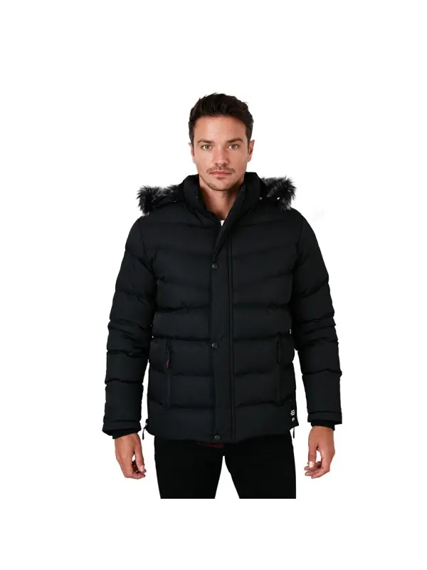 Slim Fit Faux Fur Plush Lined Detachable Hooded Puffer Jacket 5761080 B-Black - 9