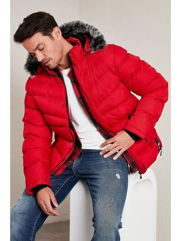 Slim Fit Faux Fur Plush Lined Detachable Hooded Puffer Jacket 5761080 B-Red - 1