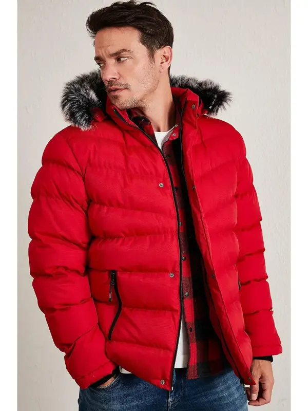 Slim Fit Faux Fur Plush Lined Detachable Hooded Puffer Jacket 5761080 B-Red - 2