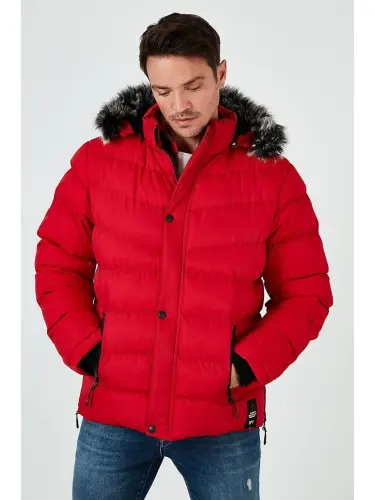 Slim Fit Faux Fur Plush Lined Detachable Hooded Puffer Jacket 5761080 B-Red - 3