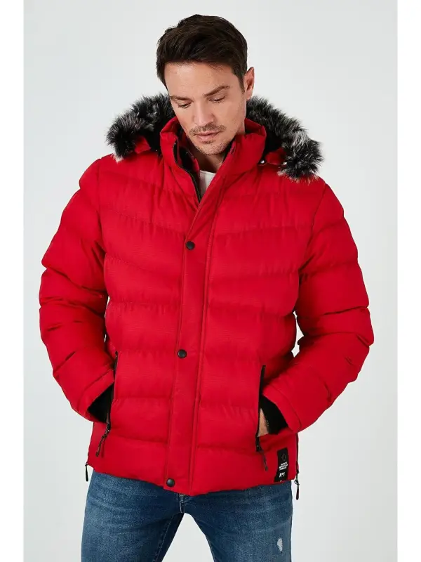 Slim Fit Faux Fur Plush Lined Detachable Hooded Puffer Jacket 5761080 B-Red - 3