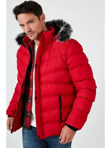 Slim Fit Faux Fur Plush Lined Detachable Hooded Puffer Jacket 5761080 B-Red - 4