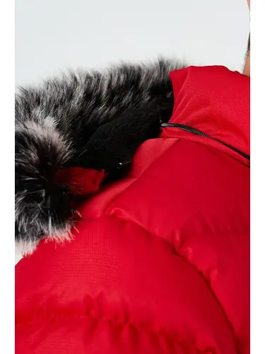 Slim Fit Faux Fur Plush Lined Detachable Hooded Puffer Jacket 5761080 B-Red - 6