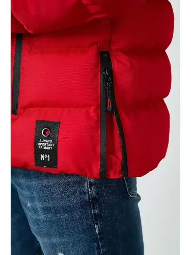 Slim Fit Faux Fur Plush Lined Detachable Hooded Puffer Jacket 5761080 B-Red - 7