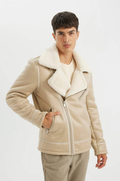 Slim Fit Faux Leather Jacket with Zippered Collar Faux Fur Lining in Off-White - 1