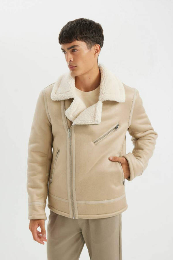 Slim Fit Faux Leather Jacket with Zippered Collar Faux Fur Lining in Off-White - 3