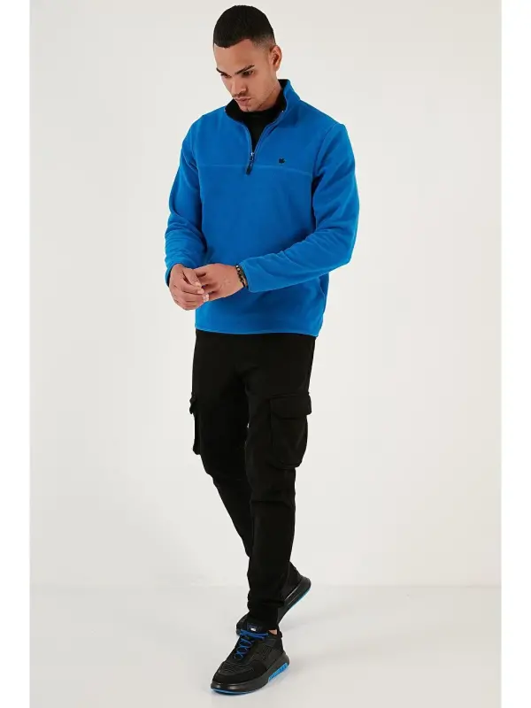 Slim Fit Fermuarlı Tik Yaka Qishki Shardonli Polar 5906001-Mavi - 3