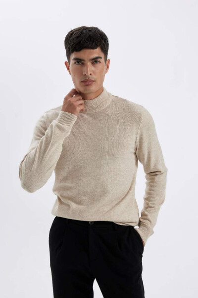 Slim Fit Fisherman Neck Sweater Light Beige Melange - 1