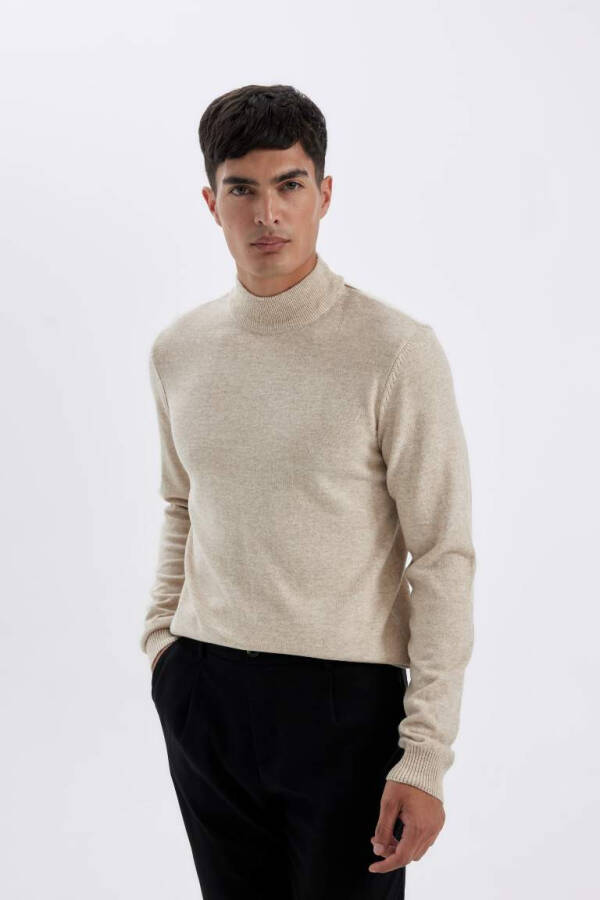 Slim Fit Fisherman Neck Sweater Light Beige Melange - 3