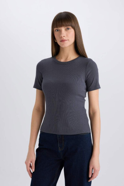 Slim Fit Футболка с круглым вырезом и ребристой структурой с коротким рукавом Антрацит - 3