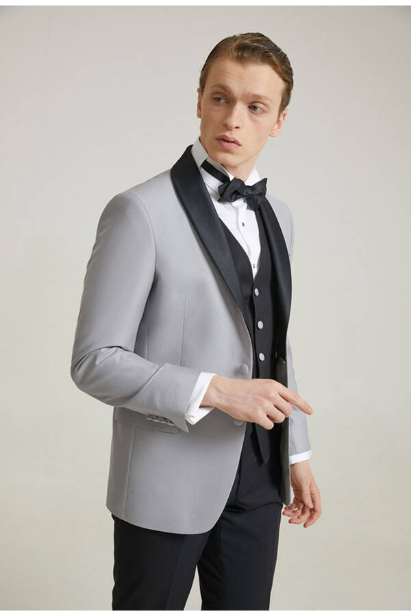 Slim Fit Gray Armored Wedding Suit & Tuxedo Vest - 16