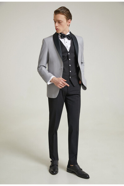 Slim Fit Gray Armored Wedding Suit & Tuxedo Vest - 17