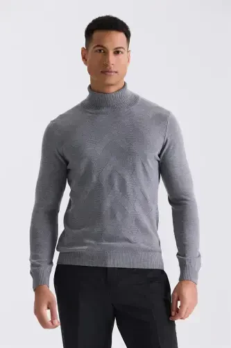 Slim Fit Grey Full High Neck Patterned Knitted Sweater 