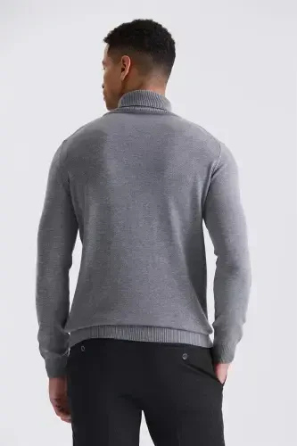 Slim Fit Grey Full High Neck Patterned Knitted Sweater - 4