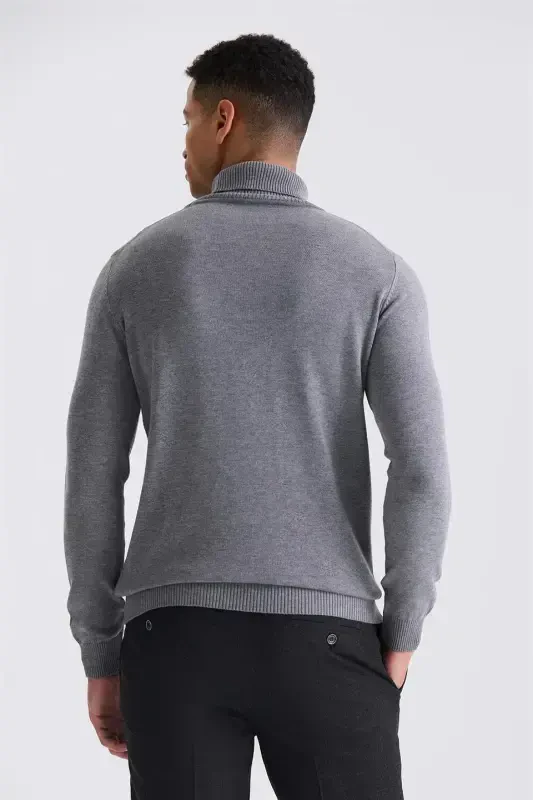 Slim Fit Grey Full High Neck Patterned Knitted Sweater - 4