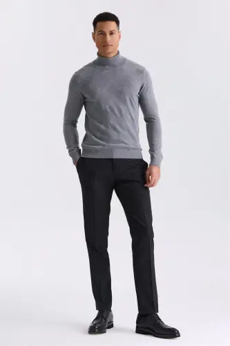 Slim Fit Grey Full High Neck Patterned Knitted Sweater - JAKAMEN (1)