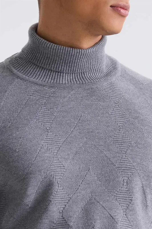 Slim Fit Grey Full High Neck Patterned Knitted Sweater - 3