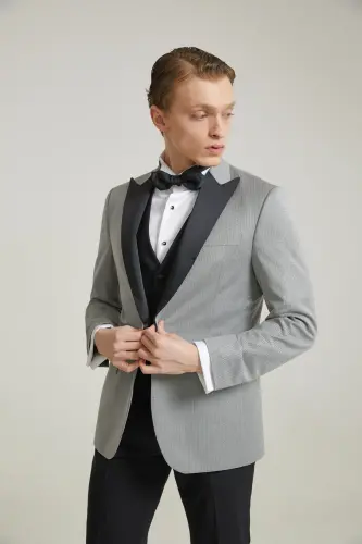 Ds Damat Slim Fit Gri Armürlü Damatlık & Smokin Yelekli Takim Elbise - 1