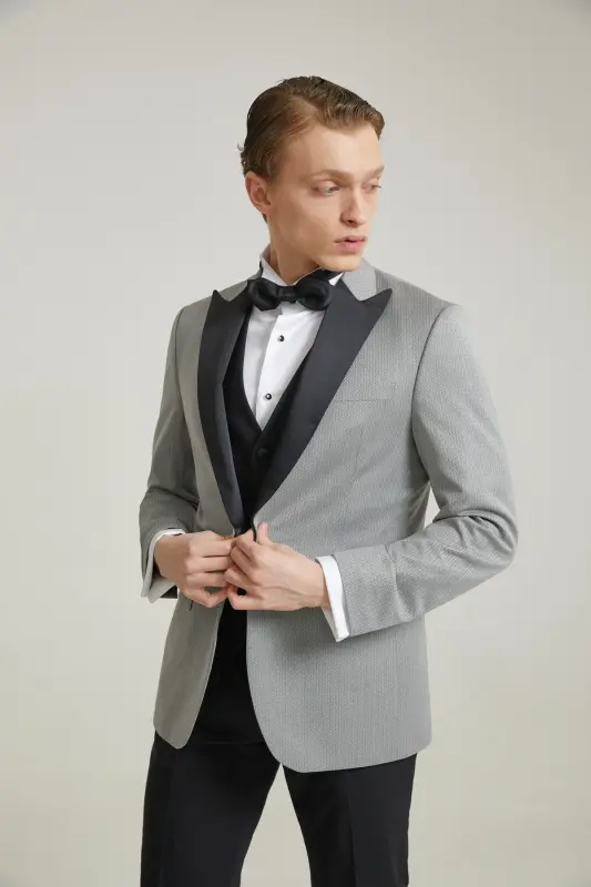 Ds Damat Slim Fit Gri Armürlü Damatlık & Smokin Yelekli Takim Elbise - 1