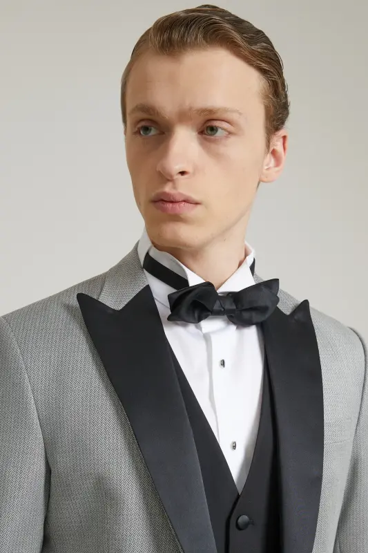 Ds Damat Slim Fit Gri Armürlü Damatlık & Smokin Yelekli Takim Elbise - 2