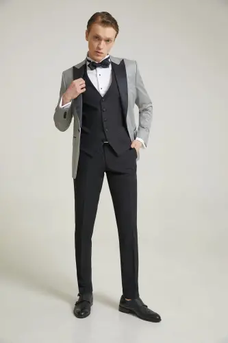 Ds Damat Slim Fit Gri Armürlü Damatlık & Smokin Yelekli Takim Elbise - 4