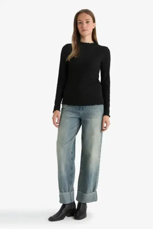 Slim Fit Half Fisherman Collar Ribbed Knit Long Sleeve T-Shirt Tunic Black - 2