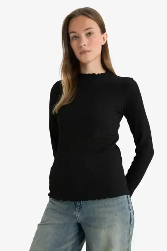 Slim Fit Half Fisherman Collar Ribbed Knit Long Sleeve T-Shirt Tunic Black - 4