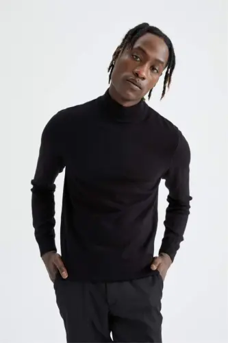 Slim Fit Half Fisherman Neck Knit Sweater Black - 1