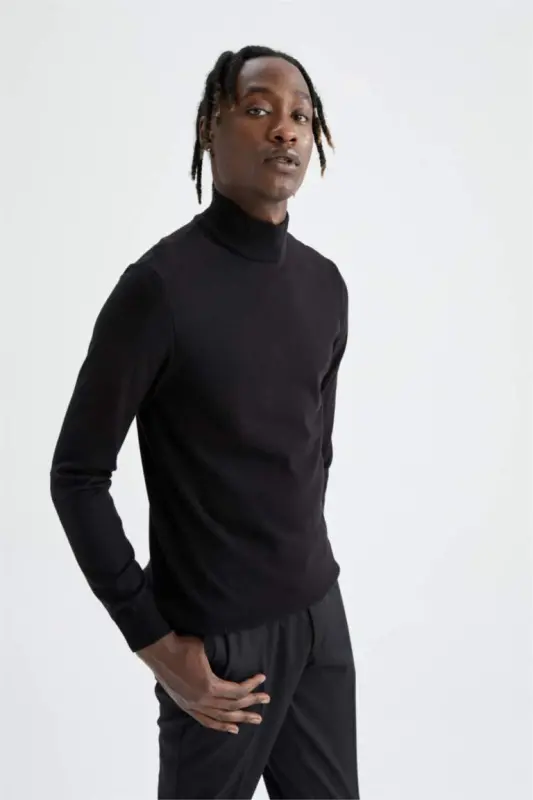 Slim Fit Half Fisherman Neck Knit Sweater Black - 3