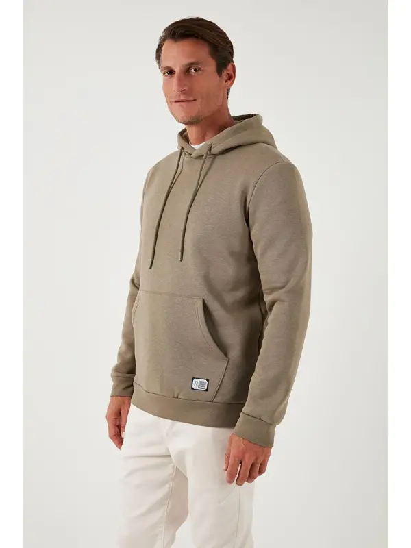 Slim Fit Hooded Kangaroo Pocket Furry Lined Soft Fleece Men's Hoodie 5905281-Beige - 3