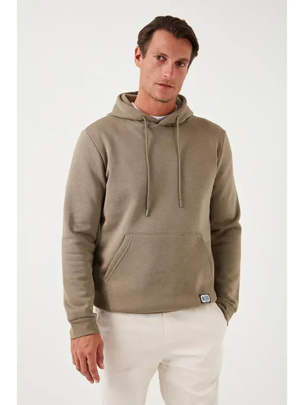 Slim Fit Hooded Kangaroo Pocket Furry Lined Soft Fleece Men's Hoodie 5905281-Beige - 5