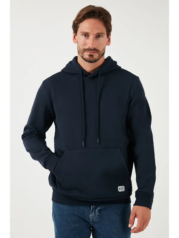 Slim Fit Hooded Kangaroo Pocket Furry Soft Fleece Men's Hoodie 5905281-Navy Blue - 4