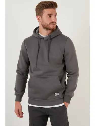 Slim Fit Hooded Kangaroo Pocket Hairy Lined Soft Fleece Men's Hoodie 5905281-Anthracite - 4