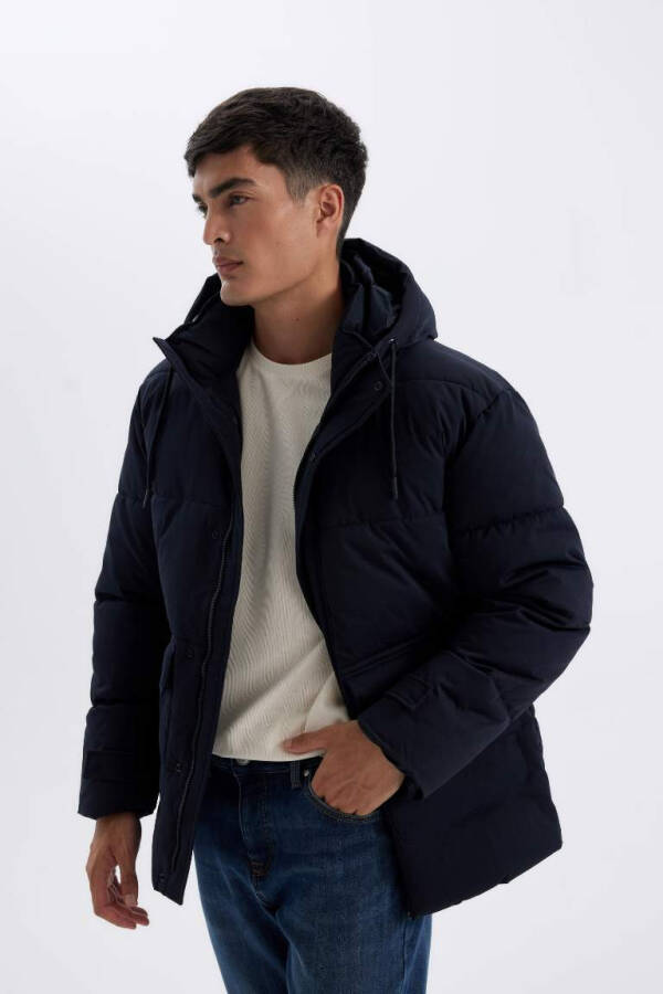 Slim Fit Hooded Zippered Double-Pocket Jacket Navy Blue - 1