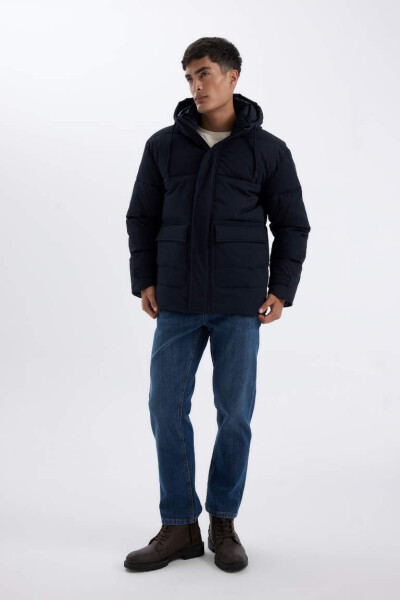 Slim Fit Hooded Zippered Double-Pocket Jacket Navy Blue - 2