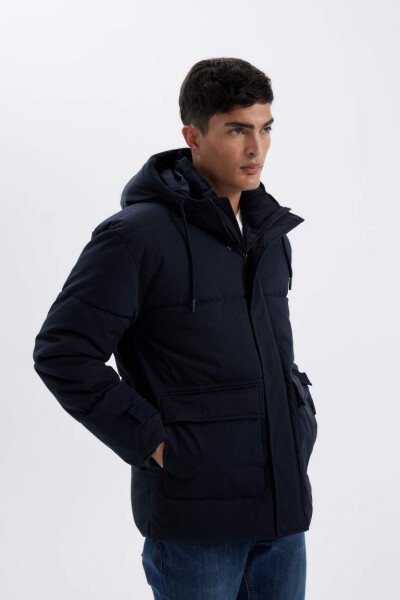 Slim Fit Hooded Zippered Double-Pocket Jacket Navy Blue - 3