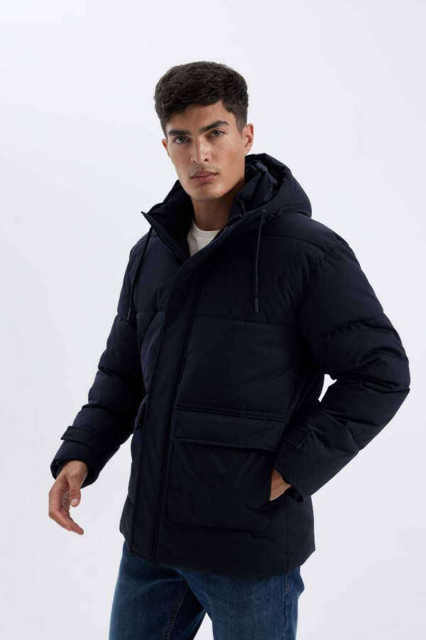 Slim Fit Hooded Zippered Double-Pocket Jacket Navy Blue - 4