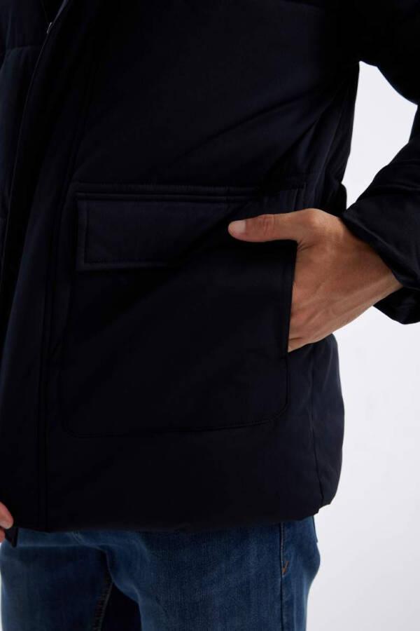 Slim Fit Hooded Zippered Double-Pocket Jacket Navy Blue - 6