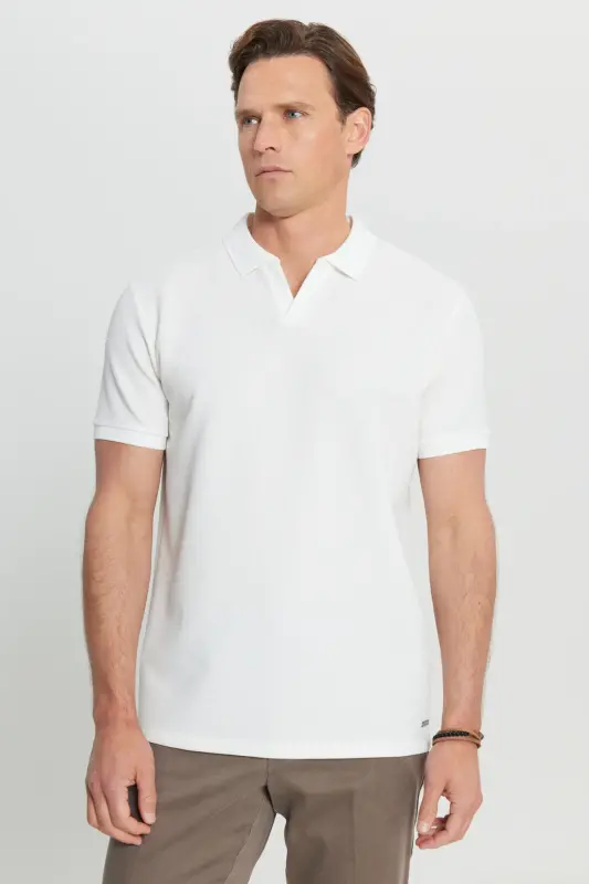 Slim Fit Jacquard Stretch Ecru Polo Shirt - Ecru - 1