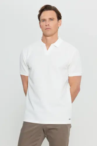 Slim Fit Jacquard Stretch Ecru Polo Shirt - Ecru - 3