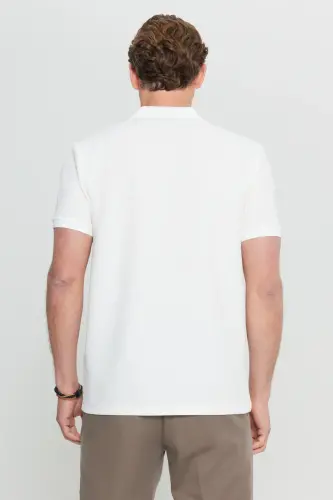 Slim Fit Jacquard Stretch Ecru Polo Shirt - Ecru - 5